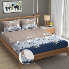 Double Bedsheet For Queen Size With Tow Pillow Cover - 72 X 72 Inches, Beige & Dark Blue | All Around Elastic Fitted Breathable & Durable, Soft Touch & Perfect For All Seasons