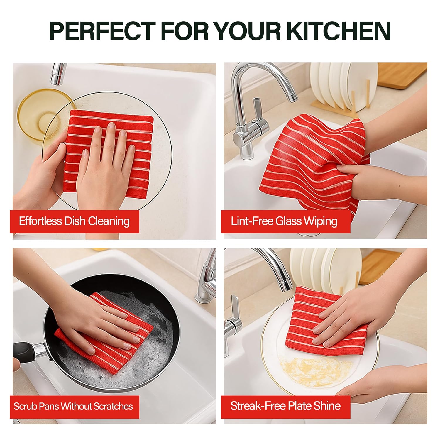 Linensutra Cotton Kitchen Towels 550 Gsm | Striped, Super Absorbent, Lint-Free (Red, Green & Blue)- Pack Of 6