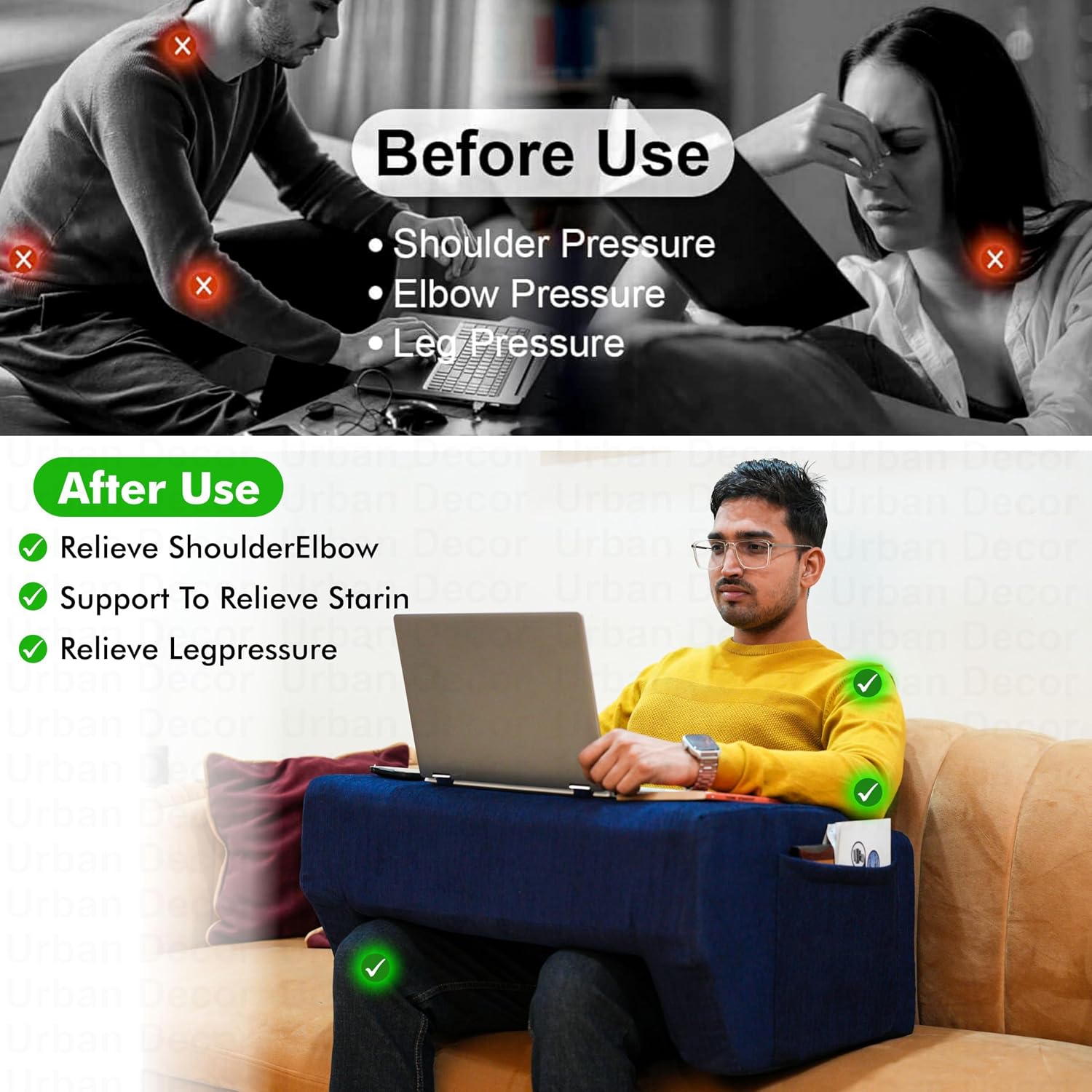 Lap Desk Pillow, Portable Computer Table & Laptop Lap Desk For Sofa, Blue | Ergonomic Gaming Desk Table With Arm Rest | Work Desk Accessories For Reading, Neck Support, Washable Cover
