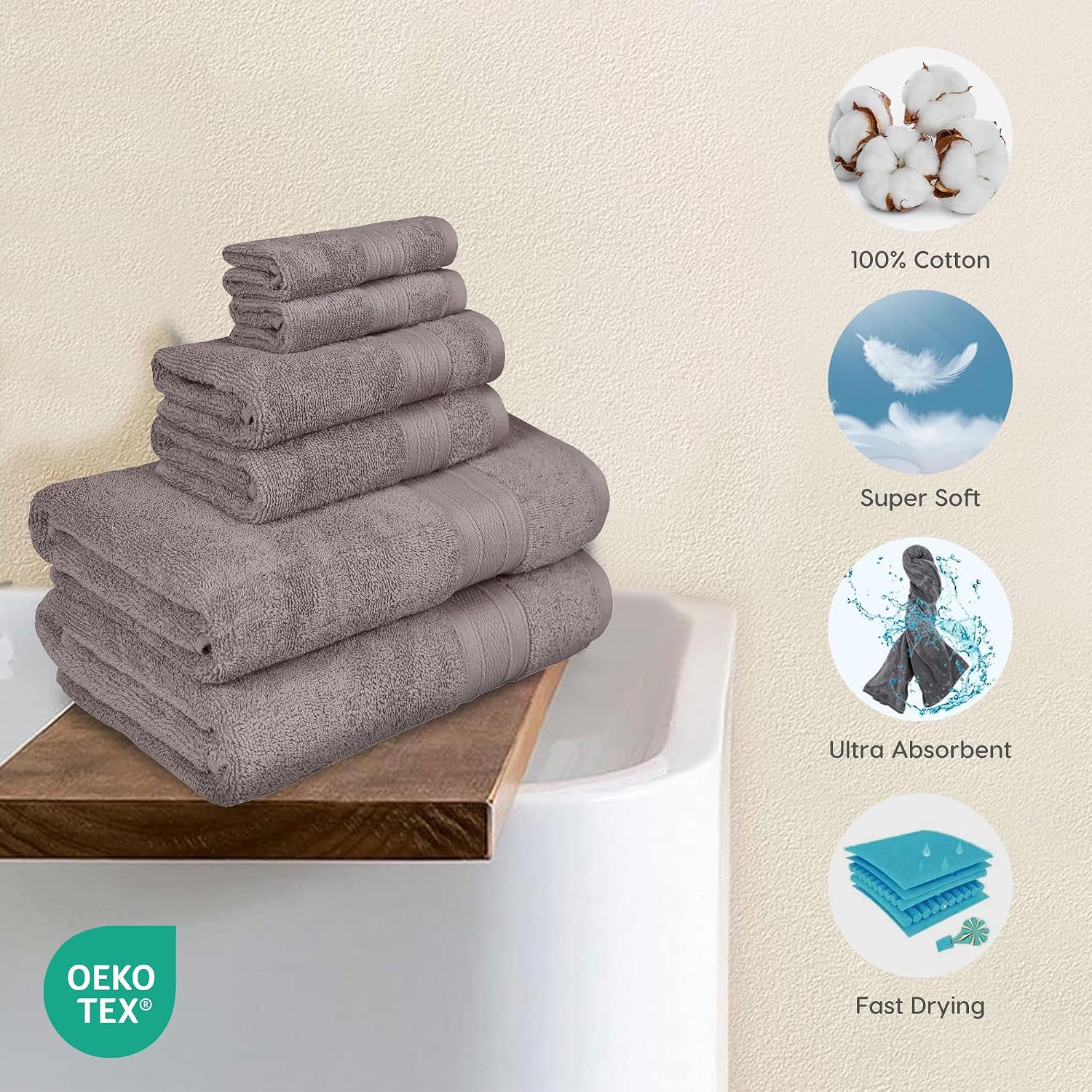 Trident Soft Comfort Air Rich Bath Towels 500 Gsm | 100% Cotton Towel, Super Soft, Highly Absorbent, 6 Pieces (Charcoal)