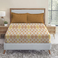 100% Cotton Bedsheet Double Bed For Queen Size With 2 Pillow Covers - 90 X 100 Inches, Yellow & Brown | Ideal For Daily Use - Perfect For Queen Bed Durable & Wrinkle Free