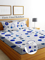 Printed Double Bedsheet 2 Pillow Covers - 72 X 78 Inches, White & Blue | All Around Elastic Fitted Soft & Durable Bedding For Bedroom - Lightweight Perfect For All Seasons