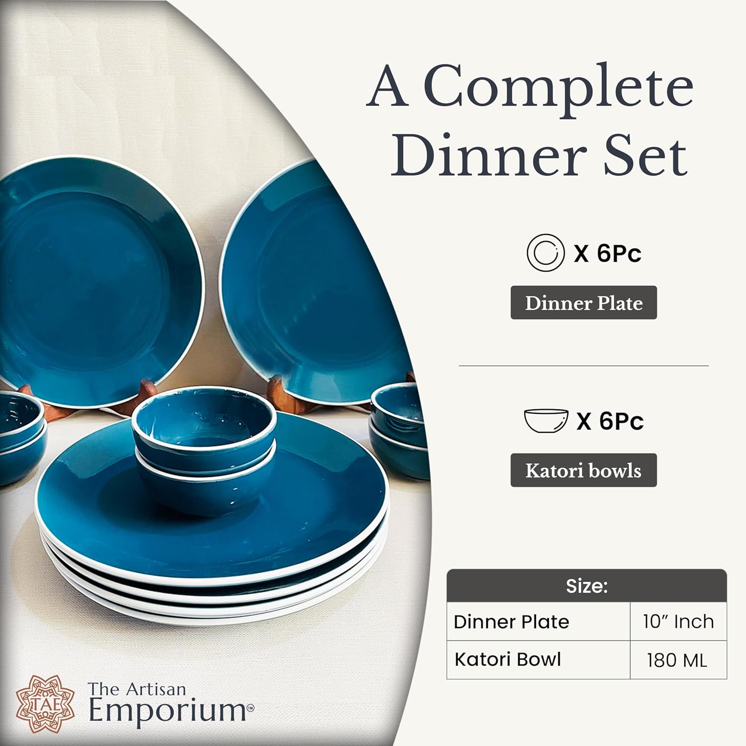 Retro Green Handcrafted Ceramic Dinner Set - 12 Pieces | 6 Dinner Plates + 6 Katori Bowls, 180ml Each Dinnerware Set | Serving For 6, Microwave Safe & Dishwasher Safe