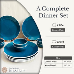 Retro Green Handcrafted Ceramic Dinner Set - 12 Pieces | 6 Dinner Plates + 6 Katori Bowls, 180ml Each Dinnerware Set | Serving For 6, Microwave Safe & Dishwasher Safe