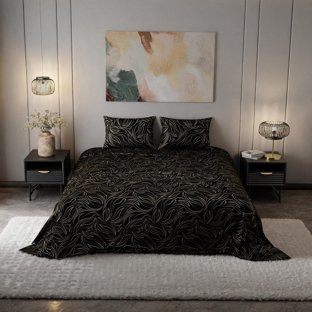 Super King Bedsheet With 2 Pillow Covers & Comforter - 108 X 108 Inches, Black | Hypoallergenic, Breathable, Gentle On Skin & Hair, Fade & Wrinkle Resistant, Wedding Gift For Couples