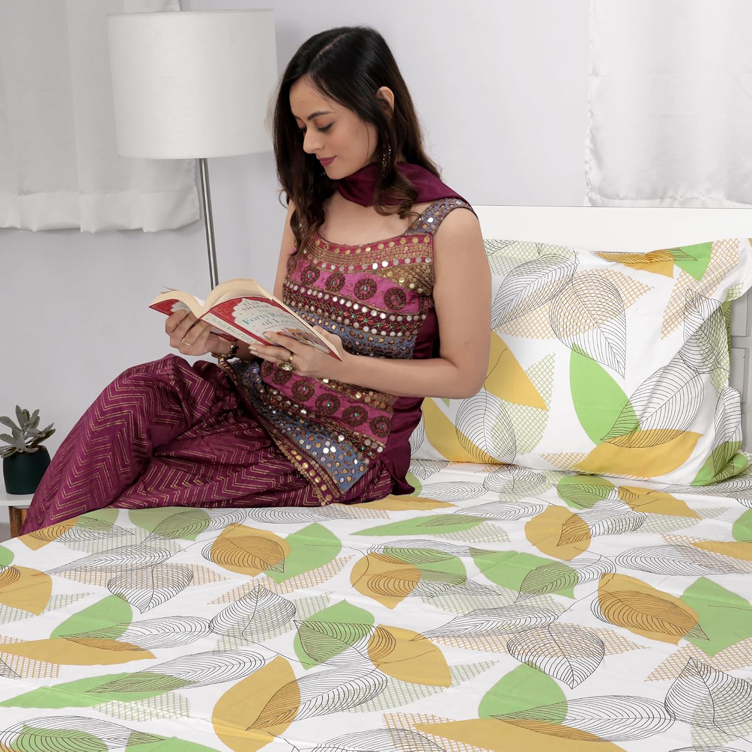 100% Cotton Double Bedsheet With 2 Pillow Cover - 87 X 100 Inches, Sage & Mustard | Lightweight, Soft, Skin Friendly - Durable Bedsheets For Everyday Comfort