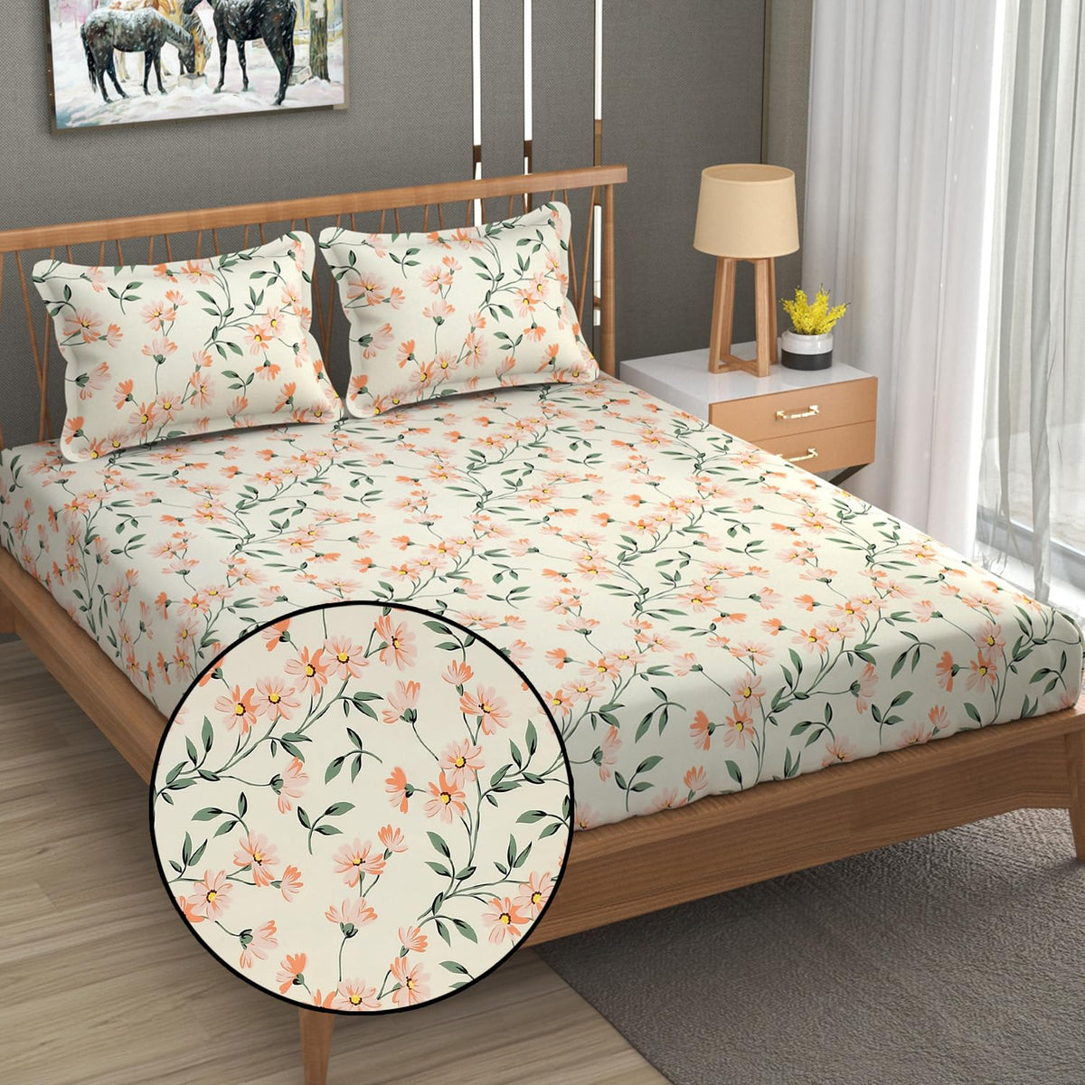 1 Elastic Fitted Bedsheet For King Size & 2 Pillow Covers - 78 X 72 Inches, Cream & Green | Elegant Floral Print Design & Skin-Friendly