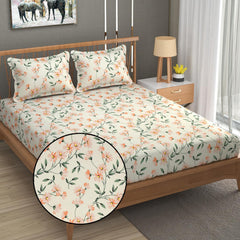 1 Elastic Fitted Bedsheet For King Size & 2 Pillow Covers - 78 X 72 Inches, Cream & Green | Elegant Floral Print Design & Skin-Friendly