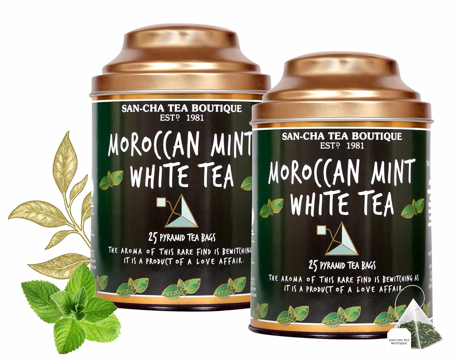 San-Cha Moroccan Mint White Tea - 25gm, 0.8 Ounce, 25 Pyramid Tea Bags | Environment Friendly, Made In Corn Fiber Cool - Low Caffeine, Richest In Antioxidants