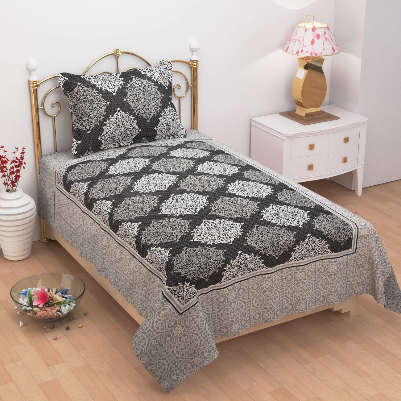 1 Single Bedsheet With 1 Large Pillow Cover - Size - 60 X 100 Inches, Black & Grey | Designer Printed Bedsheet Set - Naturally Soft, Breathable, & Skin Friendly