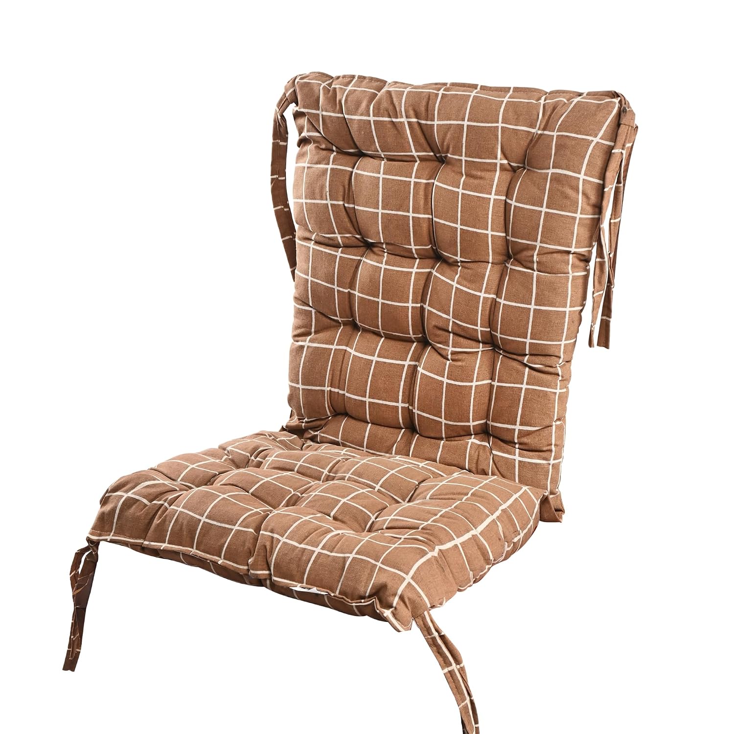 Long Comfortable Rocking Chair Cushion With Ties, Check Printed - Brown - 18 X 36 Inch | Back Rest & Seat Cushions Chair Pad, For Rocking Chairs | Chair Cotton Cushion For Office & Home Use