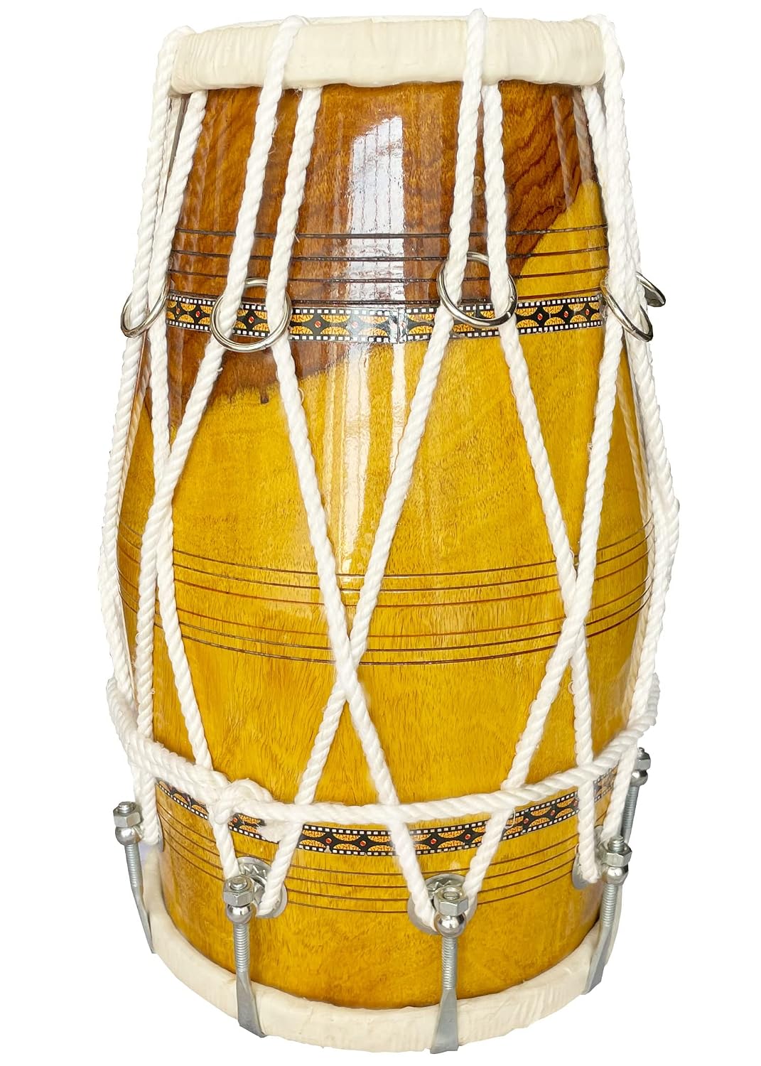 Handmade Bhajan Kirtan Sheesham Wood Dholak With Yellow Glassy Glass Transparent Polish - Yellow | Wild Goat Skin Made Ring Fitting By Nut Bolt & Rope