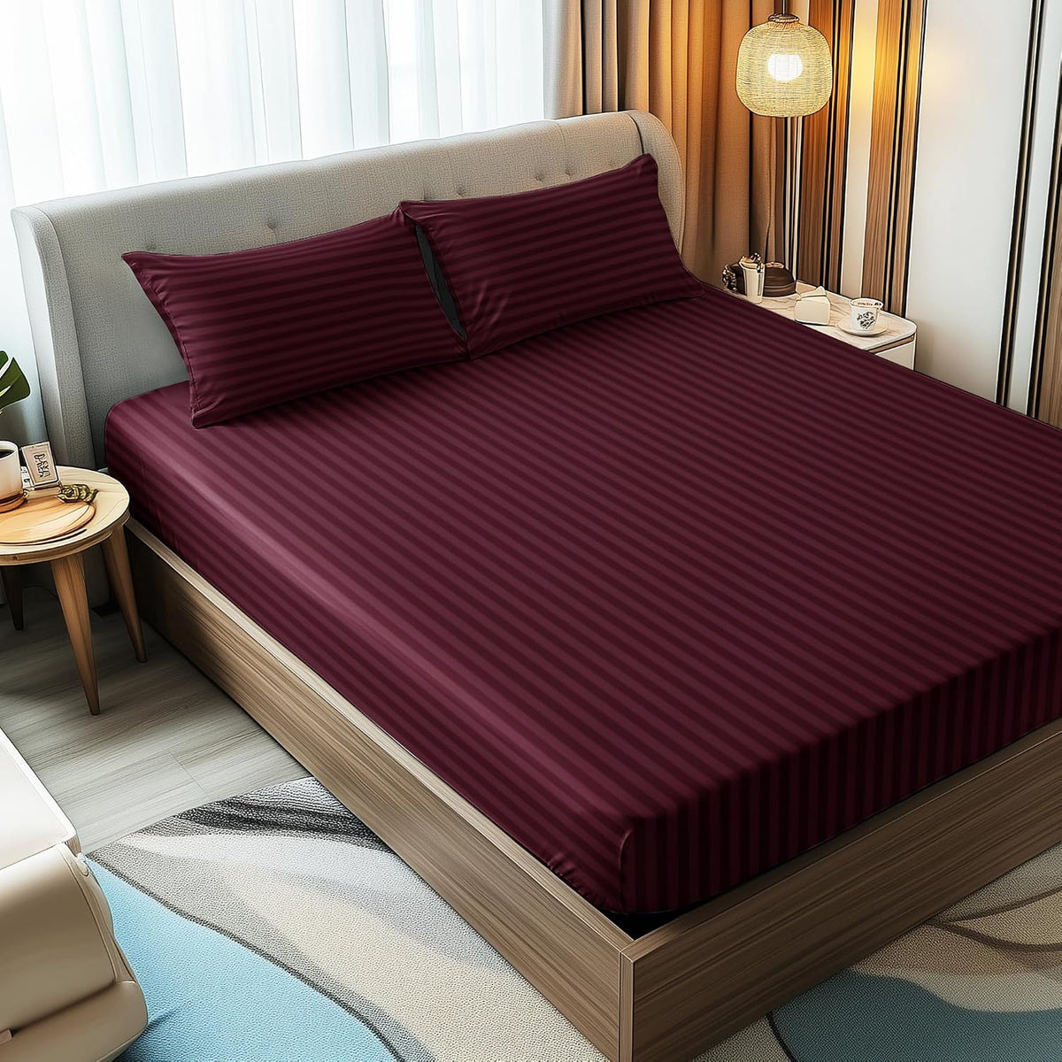 Stripes King Size Cotton Bedsheet With 2 Pillow Covers - 86 X 94 Inches, Maroon | Perfect For Home Decor, Guest House | Ideal For All Seasons