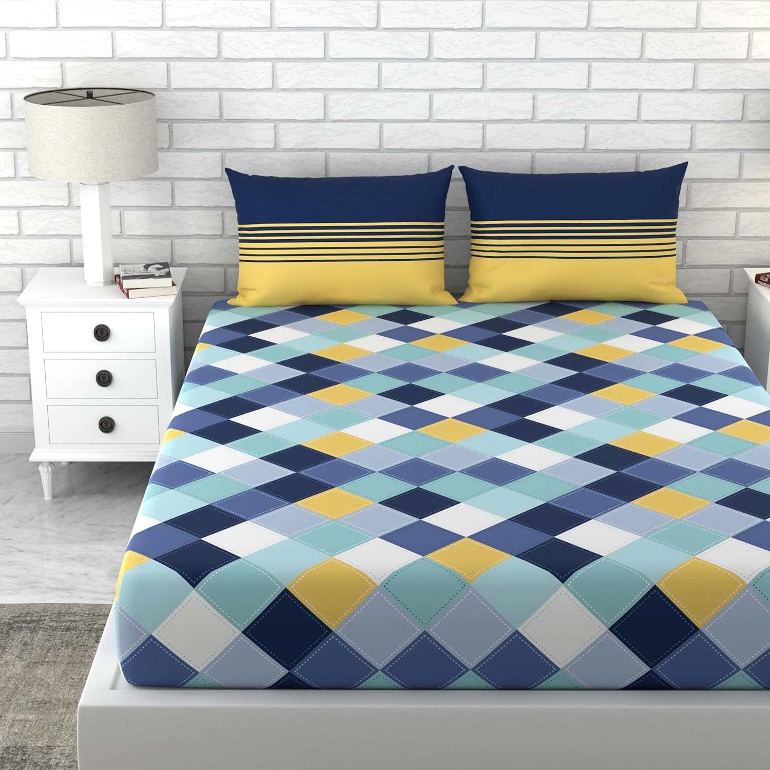 King Size Printed Bedsheet For Double Bed 2 Pillow Cover - 72 X 78 Inches, Blue & Yellow | All Around Elastic Fitted - Ultra Soft & Breathable