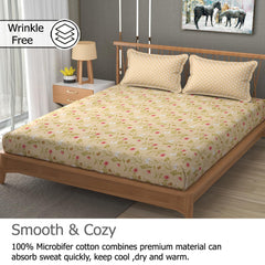 Printed King Size Bedsheet With 2 Pillow Cover - 108 X 108 Inches, Cream | Double Bed Breathable & Wrinkle Free | All-Season Comfort Bedsheet