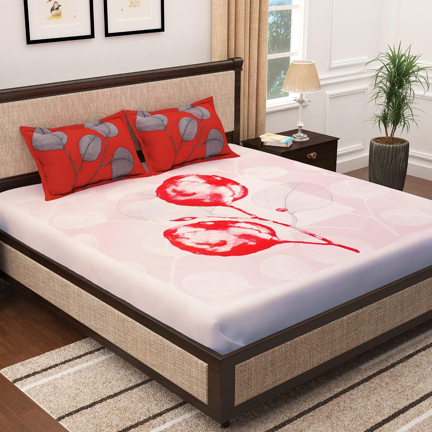 King Size Bedsheet With 2 Pillow Covers - 106 X 106 Inches, White & Red | Summer Breathable & Wrinkle Free | Bedsheet Long Lasting & Soft To Touch