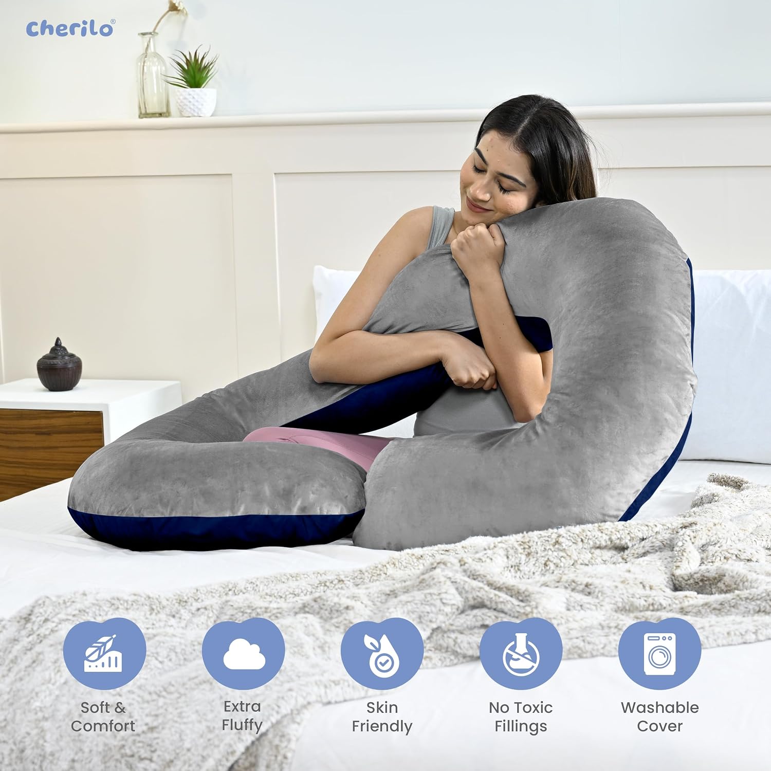 C Shaped Pregnancy Pillow For Pregnant Women & Nursing Mom, Grey & Navy Blue | Full Body Support, Single Pillow For Multipurpose Use During Maternity | Premium Velvet Outer Cover With Zip
