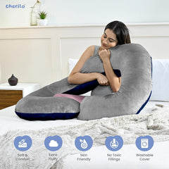 C Shaped Pregnancy Pillow For Pregnant Women & Nursing Mom, Grey & Navy Blue | Full Body Support, Single Pillow For Multipurpose Use During Maternity | Premium Velvet Outer Cover With Zip