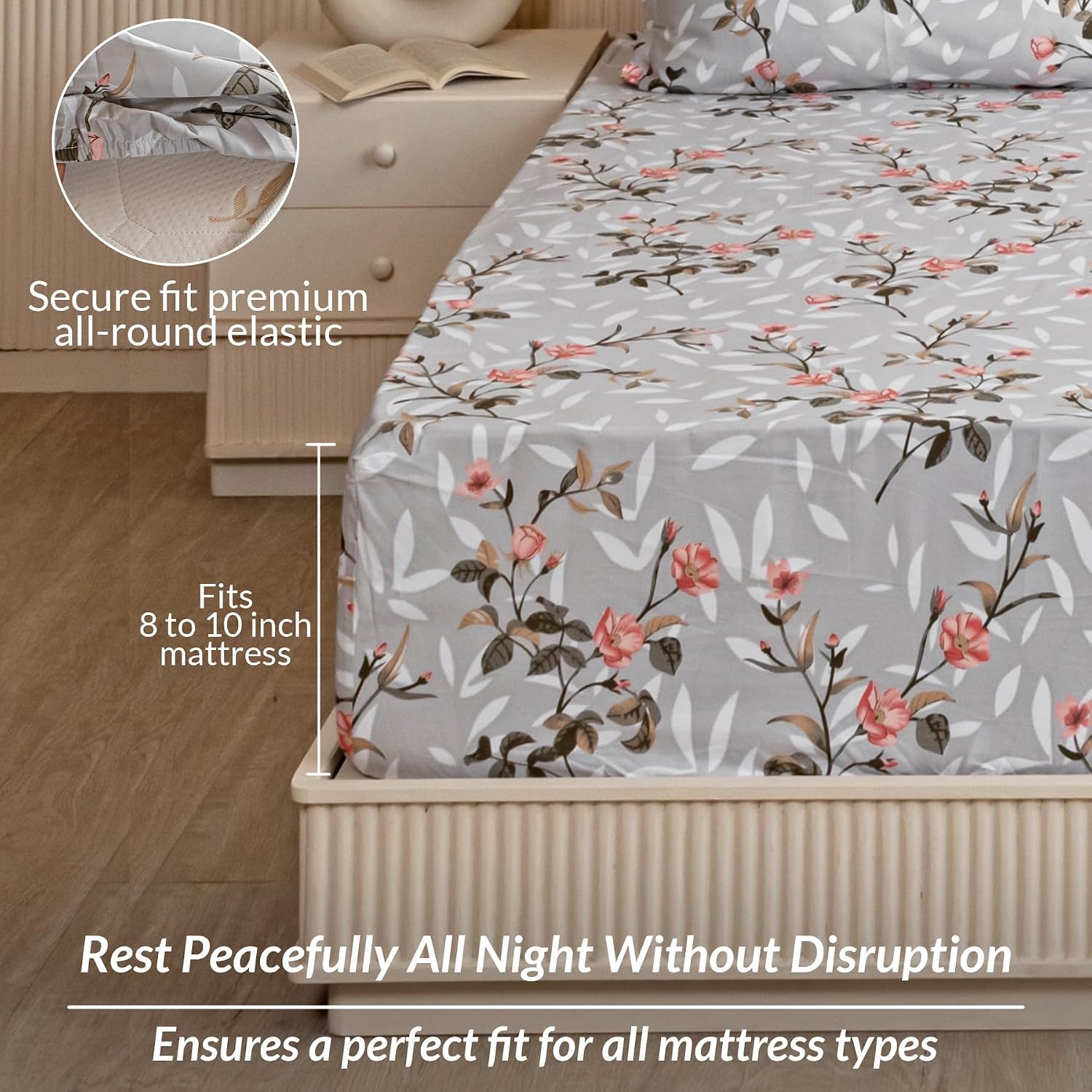 Double Size Elastic Fitted Bedsheet For Queen With 2 Pillow Covers - (78 X 72 Inches, Grey & Peach) | Wrinkle Free Bed Sheets | Perfect For Home Decor & Gifting