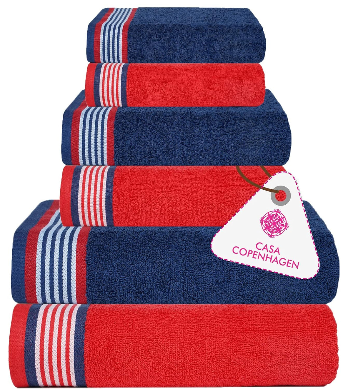 Casa Copenhagen Germany Design 2 Bath + 2 Hand & 2 Washcloths Towels 1800 Gsm | He & She Super Soft Collection 100% Cotton 6 Piece Towel Set - American Blue & American Red
