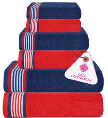 Casa Copenhagen Germany Design 2 Bath + 2 Hand & 2 Washcloths Towels 1800 Gsm | He & She Super Soft Collection 100% Cotton 6 Piece Towel Set - American Blue & American Red