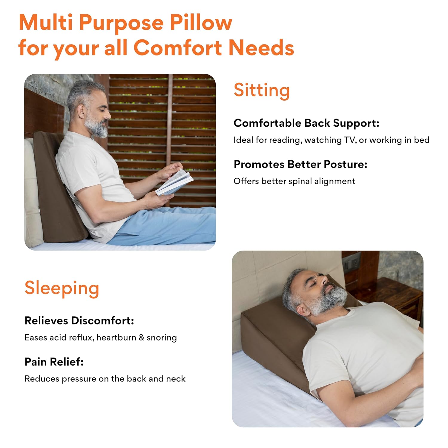 Wedge Pillow Memory Foam For Back Support, Velvet Brown, Medium Size - 7 Inch | Wedge Cushion, Acid Reflux, Snoring, Gerd, Leg Elevation, Pregnancy | Removable Cover, Multipurpose Pillow