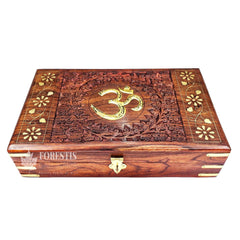 Wooden Om Box For Good Luck, Jewellery Box Decorative Case, Kit, Vanity, Organiser For Women, Necklaces, Cash, Gold 10 X 6 Om Engraved, Colour - Brown, Material - Rosewood