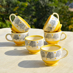 Hand Painted Ceramic Cup Set Of 6 - Yellow & Black, 150ml Each | Microwave Safe Tea Cups & Mugs - Chai Cups