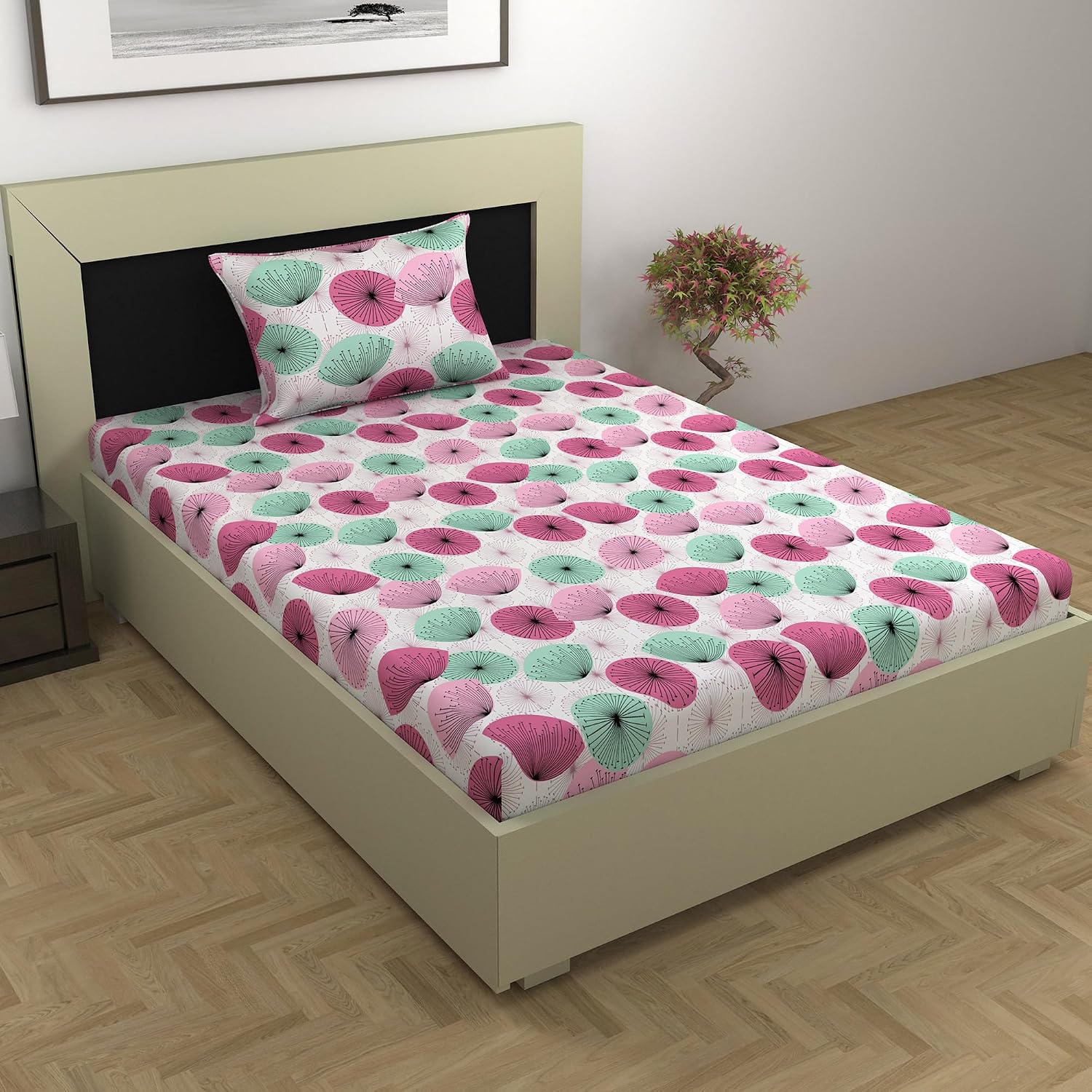 1 Single Bedsheet With 1 Pillow Cover - 57 X 87 Inches, White & Pink | Skin Friendly Fabric For Everyday Use - Soft, Breathable & Comfortable Sleeping