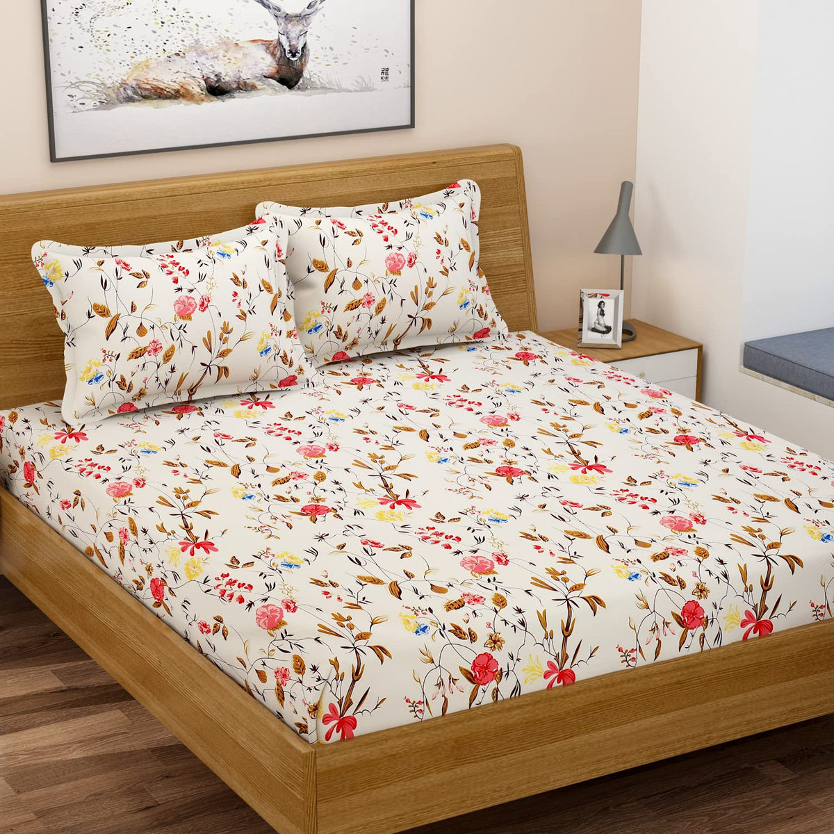 280 TC Elastic Fitted Bedsheet Queen Size 60 X 78 + 10 Inches, Multicolor With 2 Pillow Covers | Bedsheet Long Lasting & Soft To Touch - Soft & Comfortable Bed Sheets