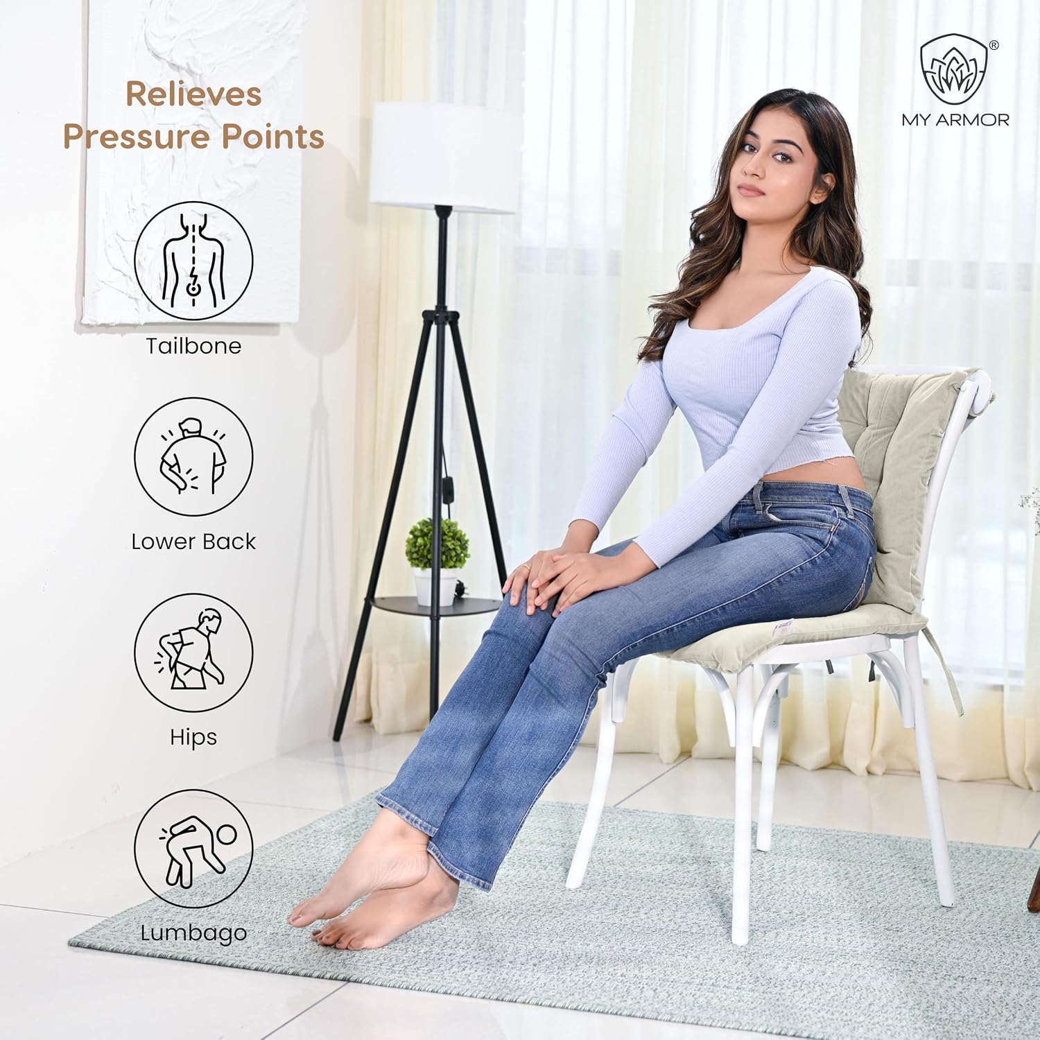 Square Chair Pads Cushion, For Comfortable Sitting, Cream Color - 40 X 40 Cm | Seat Cushions With Ties For Sitting, Pooja, Dining & Office Table | Furniture Cushion, Washable - Pack Of 1