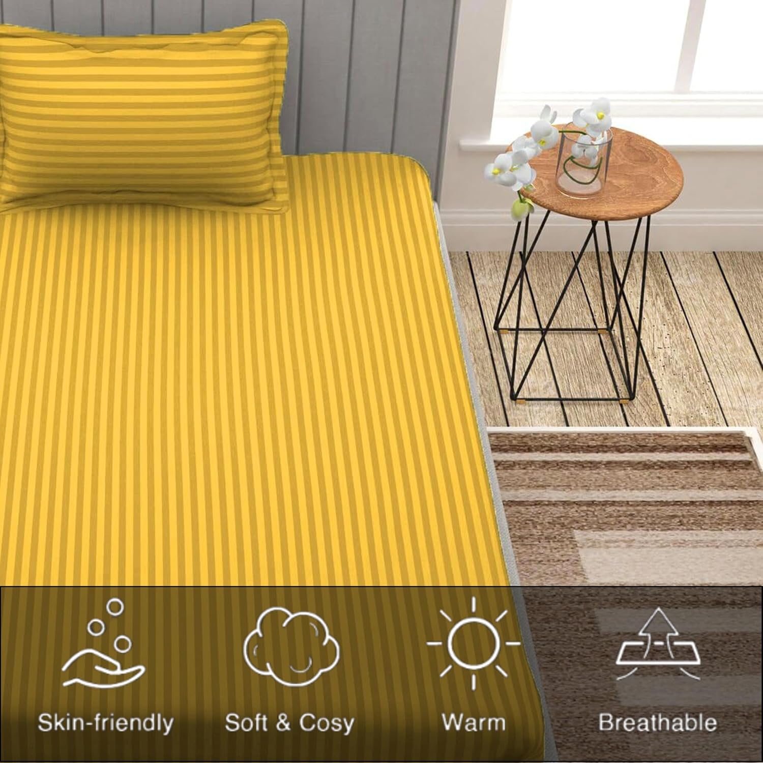 Striped Single Bedsheet With 1 Pillow Cover 60 X 90 Inches, Yellow | Comfortable & Durable | Elegant Printed Bedding Set For Daily Use
