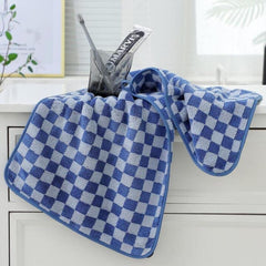 Maxoshine Microfiber Bath-Checkered Towels 350 Gsm | Bath Towel For Men & Women-Soft Coral Fleece Towel With Hook Quick Dry Super Absorbent | Pack Of 2 (Grey & Dark Blue)