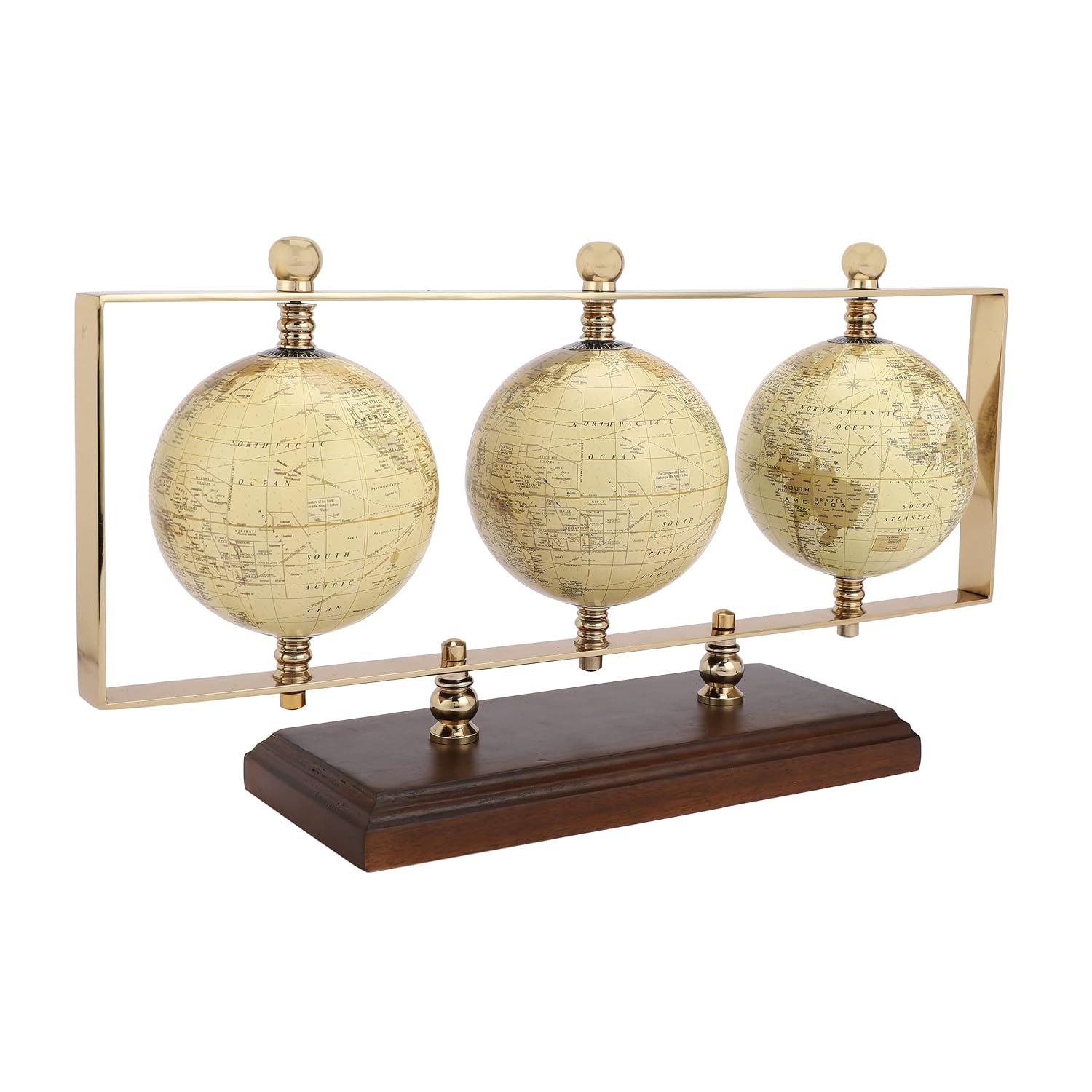 Triple Horizontal Globe, Decorative Globes With Stand, Accessories For Table, Desk Showpiece | Globes For Office, Shelves, Gifting, Home Decor (Gold / Hm Wood) Pack Of 1