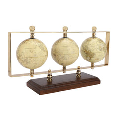 Triple Horizontal Globe, Decorative Globes With Stand, Accessories For Table, Desk Showpiece | Globes For Office, Shelves, Gifting, Home Decor (Gold / Hm Wood) Pack Of 1
