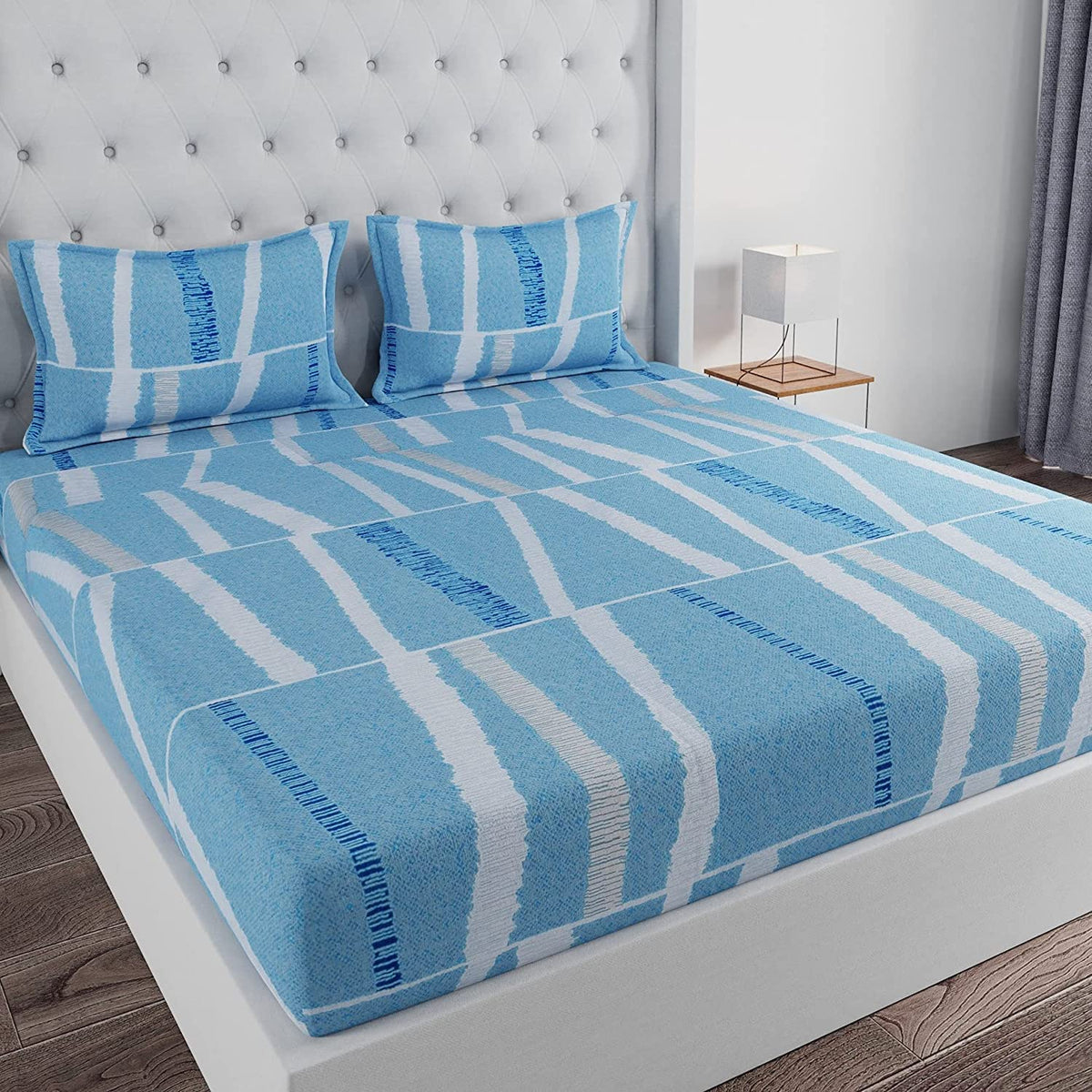 King Size Bedsheet With 2 Pillow Covers - 110 X 108 Inches, Sky Blue & White | Ideal For House, Guest House, Hotel | Soft & Comfortable Sleep Experience