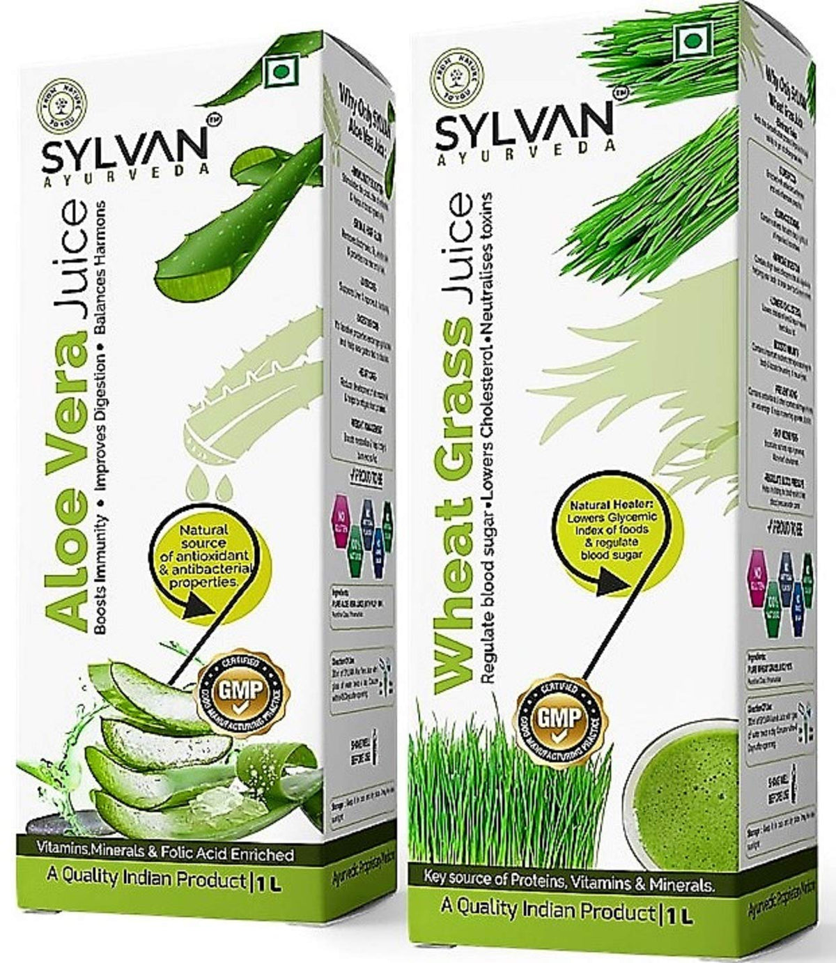 Sylvan Wheatgrass Juice And Aloe Vera Juice, Enriched With Fibre And Enzymes | 1 Litre 2.2lbs Each Pack Of 2