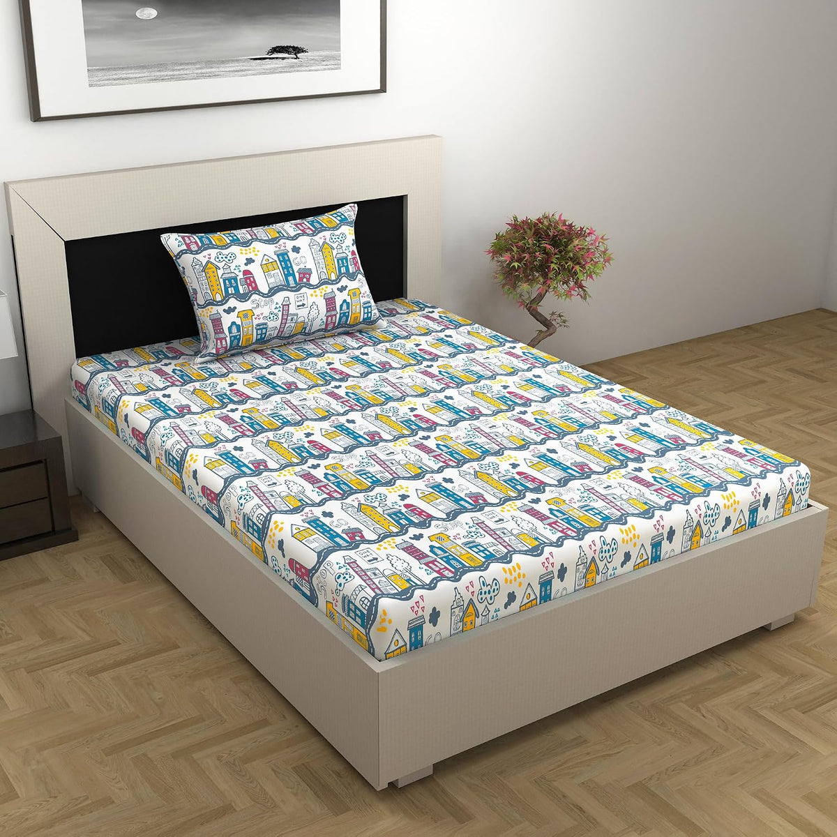 1 Single Bedsheet With 1 Pillow Cover - 57 X 87 Inches, Multicolor | Skin Friendly Fabric For Everyday Use - Soft, Breathable & Comfortable Sleeping