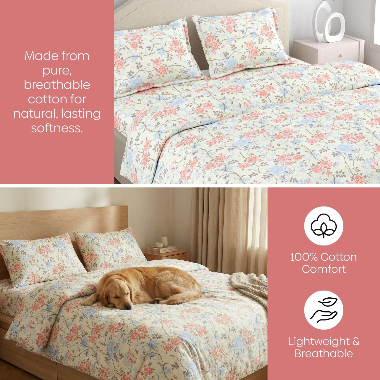 Bedsheet Double Bed For Queen Size - 100 X 90 Inches 2 Pillow Cover, Off White & Peach | Ideal For Everyday Use | Soft, Skin-Friendly & Durable Cotton Fabric