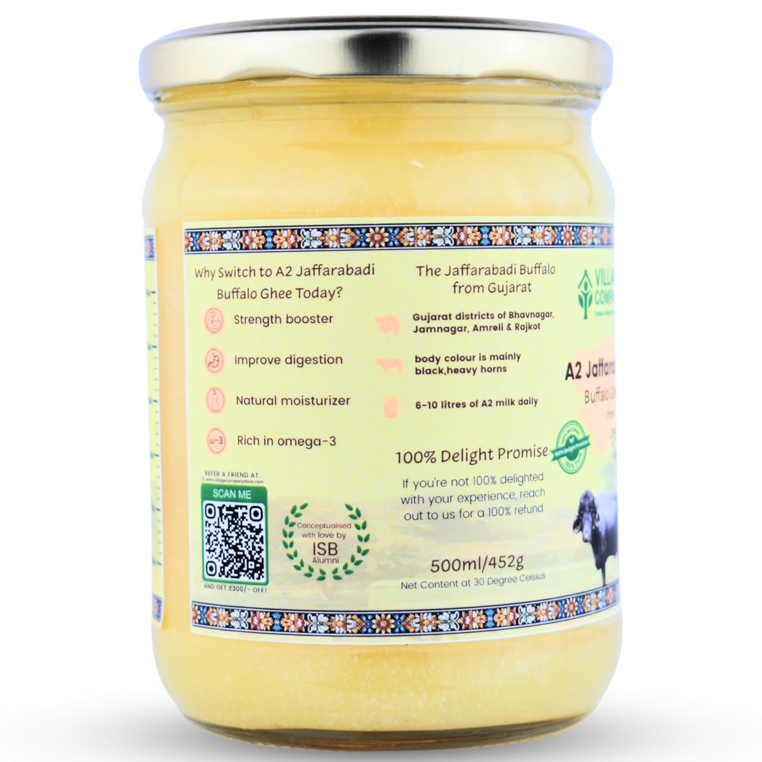 Premium A2 Jaffarabadi Buffalo Ghee By Village Company | Rich In Nutrients Calcium & Iron Pure Healthy Desi Cow Ghee For Heart Health | (500ml) 16.9 Ounce | Jar Pack