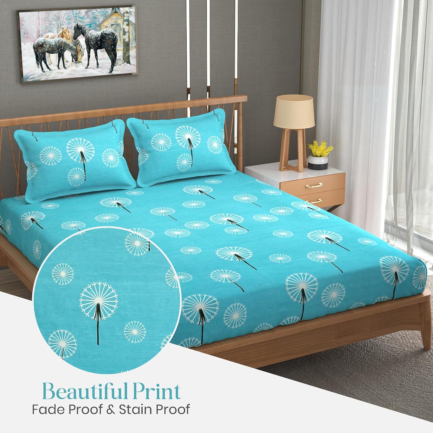 Printed King Size Bedsheet With 2 Pillow Cover - 108 X 108 Inches, Turquoise | Double Bed Breathable & Wrinkle Free | All-Season Comfort Bedsheet