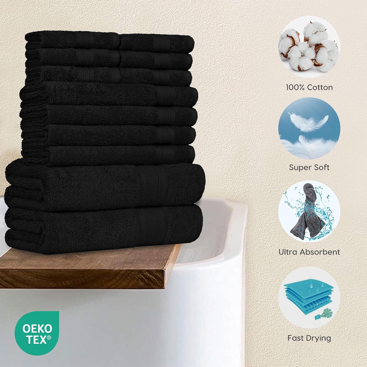 Trident Soft Comfort Air Rich Bath Towels 500 Gsm | 100% Cotton Towel, Super Soft, Highly Absorbent, 12 Pieces (Black)
