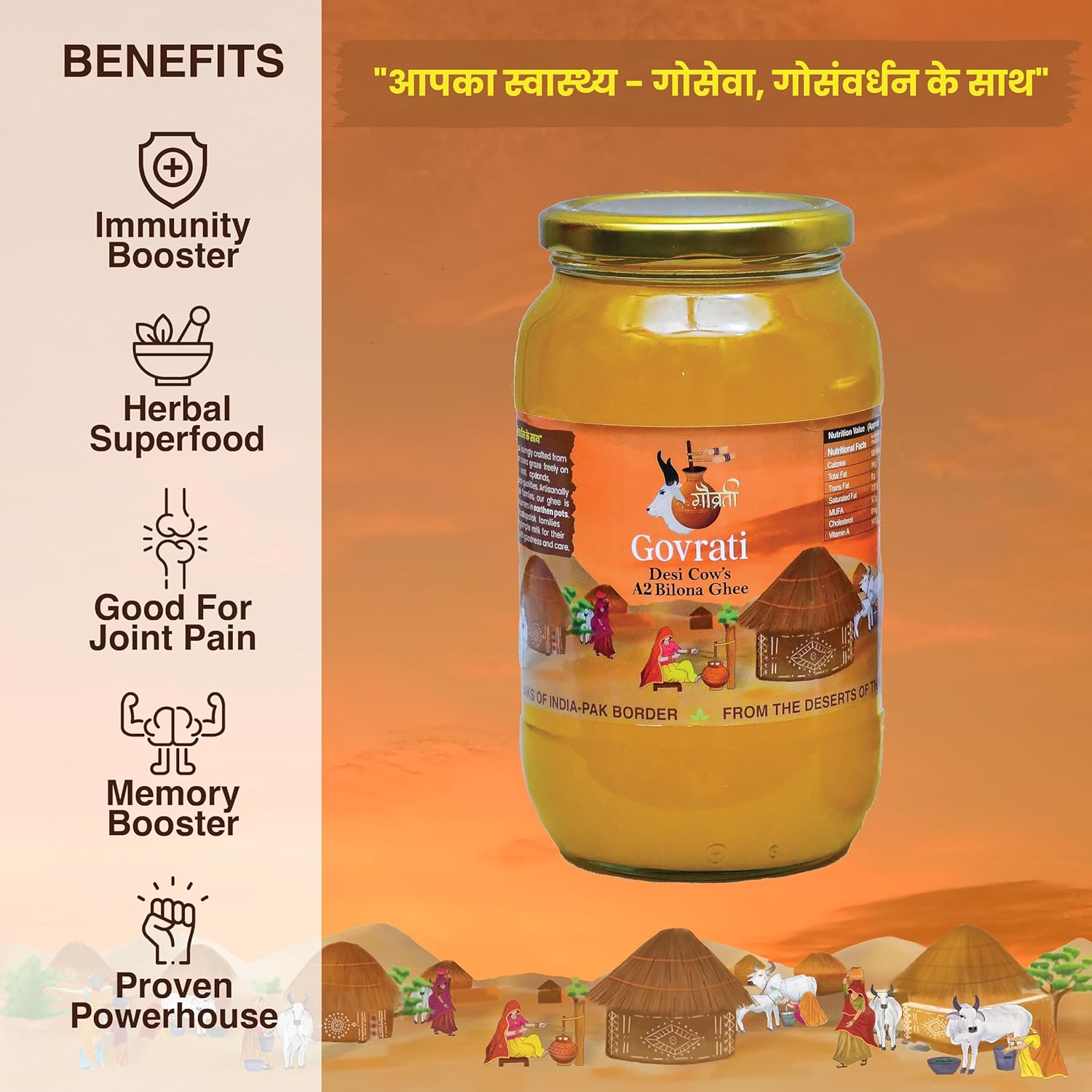 100% Pure Desi Cow'S A2 Bilona Ghee By Govrati | Vedic Bilona Method Grassfed Cultured Desi Cow Ghee For Immunity Booster | (1 Litr) 33.8 Ounce | Jar Pack
