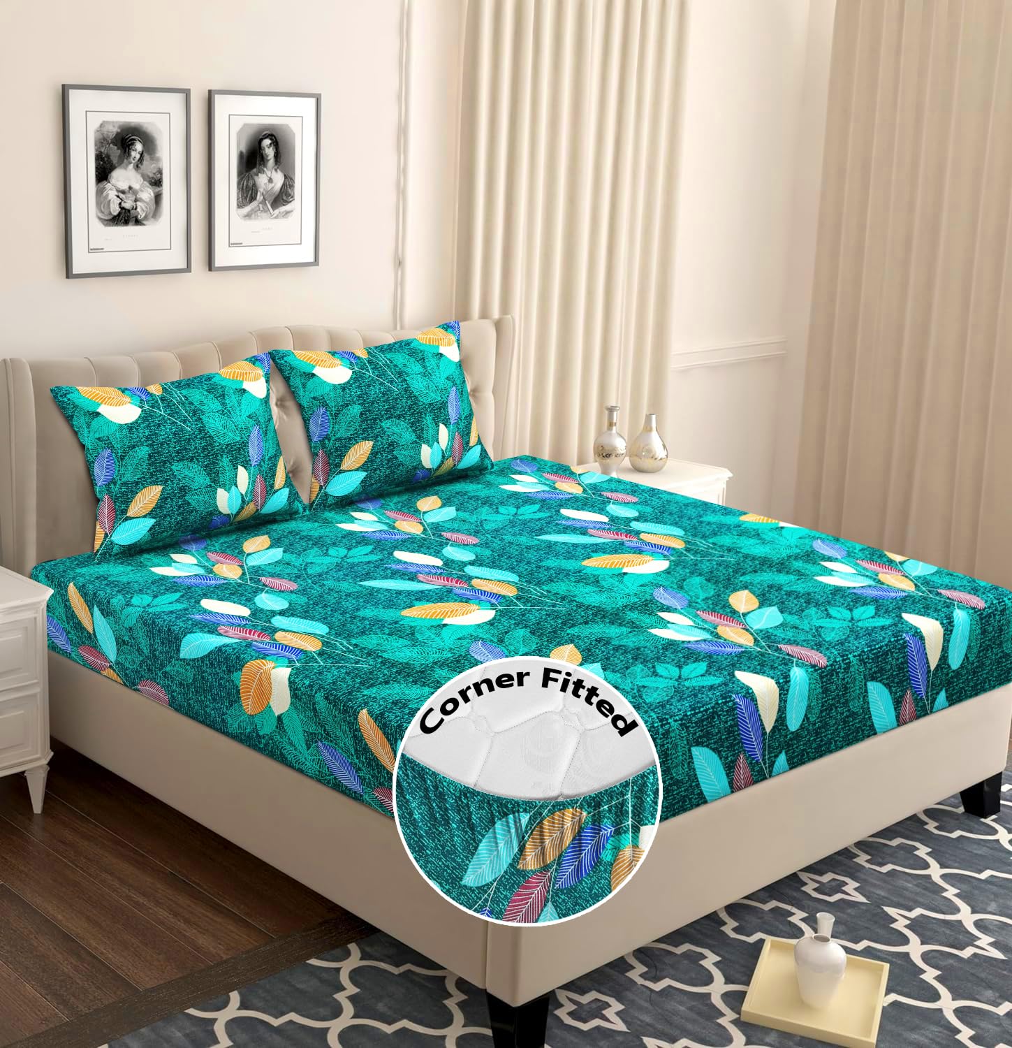 Elastic Fitted Double Bedsheets For Queen Size With 2 Pillow Covers - Size 72 X 68 X 6 Inches, Dark Green & Rust | Double Bed With Corner Elastic | Wrinkle Free Super Soft Floral Breathable
