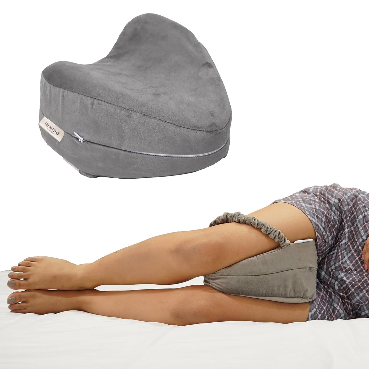 Memory Foam Knee Pillow For Sleeping, Leg Pillow For Pregnancy - Grey | For Back Pain, Side Sleepers, Sciatica & Knee Pain Relief | Knock Knee Pillow For Leg Support, Zipper Velvet Cover