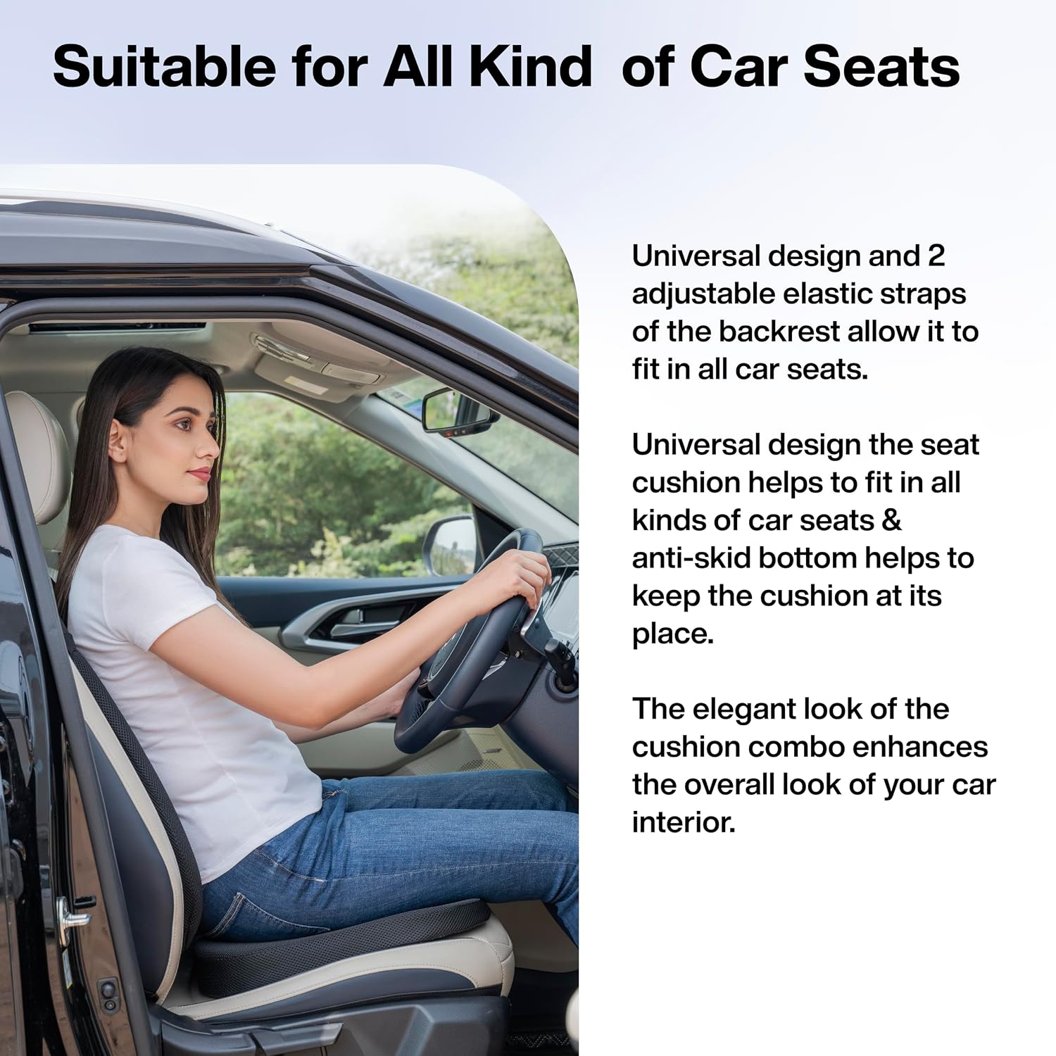 Memory Foam Car Back & Seat Cushion Combo Pack, For All Cars, Black | For Comfortable Driving & Daily Commute - Useful For Back Pain, Tailbone & Sciatica Pain Relief, Adjustable - Pack Of 1