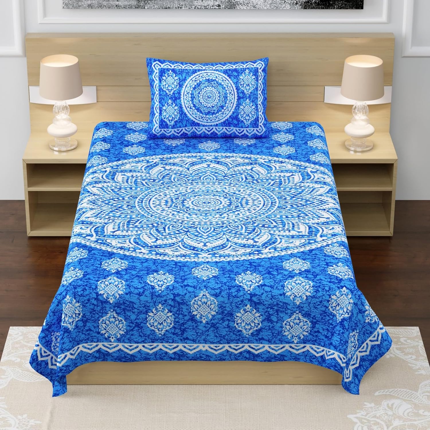 100% Cotton Single Bed Sheet With 1 Pillow Cover - 56 X 86 Inches, Blue & White | Super Soft Microfiber, Breathable Wrinkle, Fade Resistant