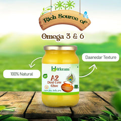 Pure Organic A2 Desi Cow Ghee By Hitkram | Homemade Healthy Fresh Desi Ghee Hand-Churned Using Traditional Bilona Method Good For Body Energy | (1 Litr) 33.8 | Jar Pack