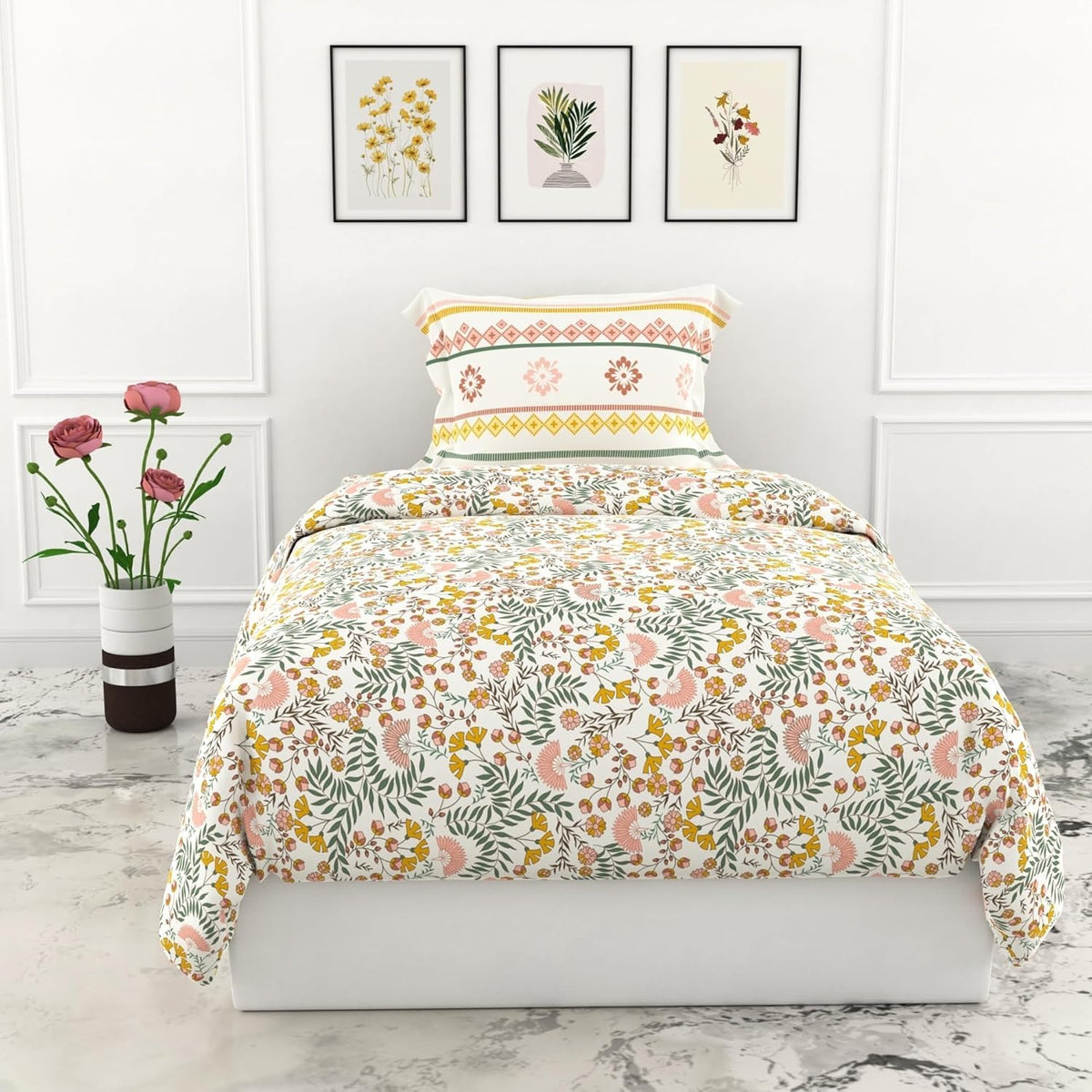 Cotton Elastic Fitted Bedsheet Single Bed With 1 Pillow Cover - 36 X 78 Inches, Multicolor | Perfect For Everyday Use | Ultra-Soft & Breathable