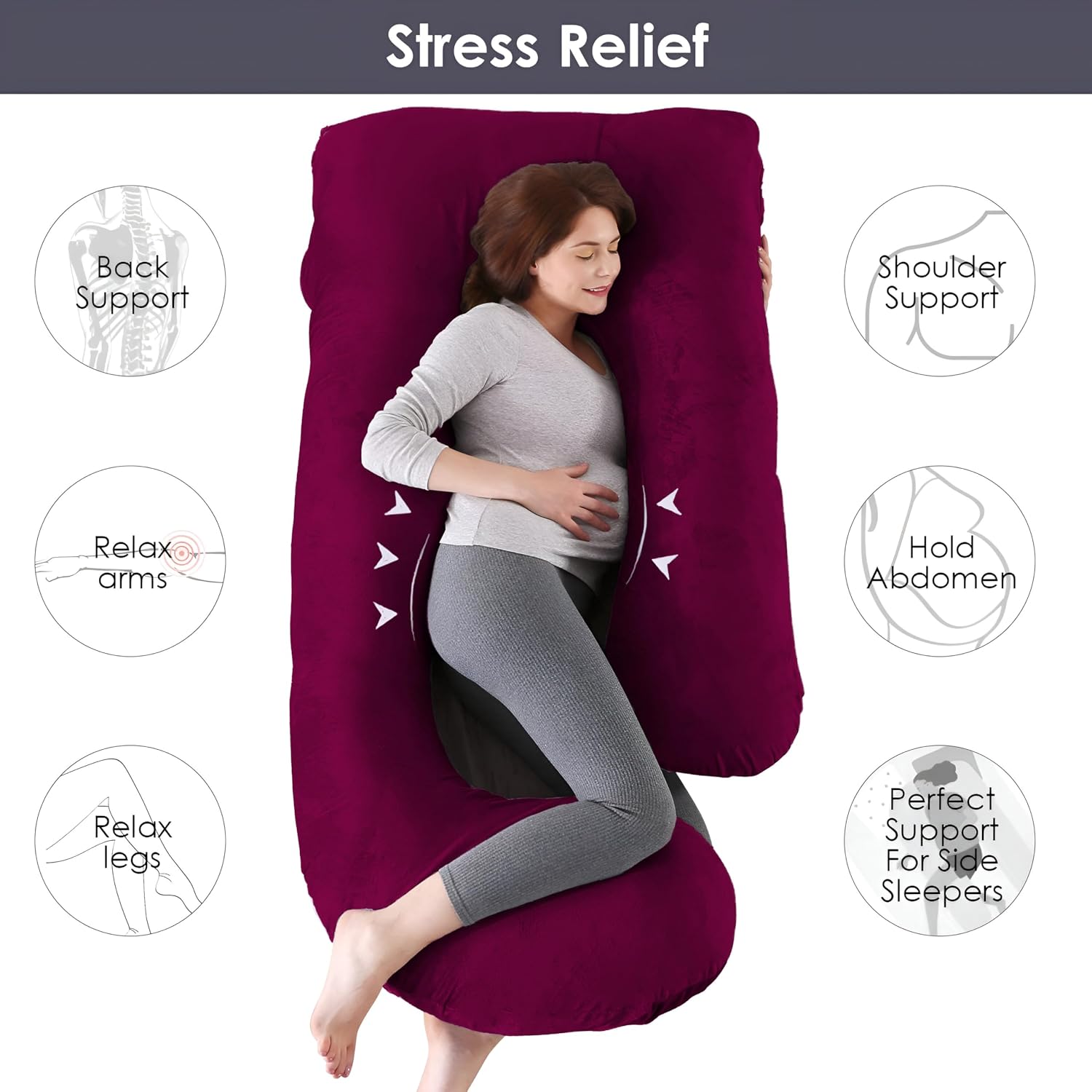Pregnancy Pillow, Maternity Body Pillow For Sleeping, G Shaped Pillow, Wine - 55 Inch | Full Body Pillow, Pregnancy Pillow For Pregnant Women, Lightweight, Adjustable, Removable Cover